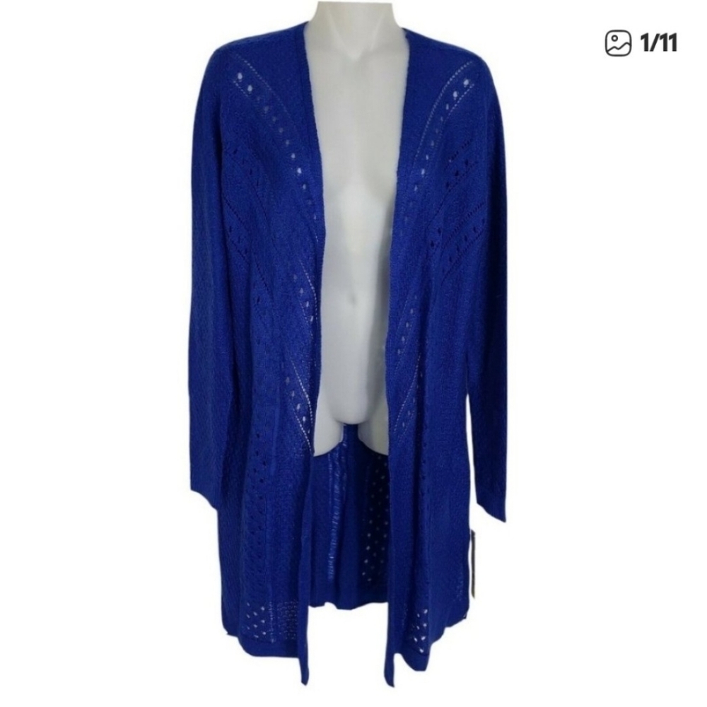 Laura Ashley Open Front Cardigan Wool Blend Texture Knit Slits Blue Women XL